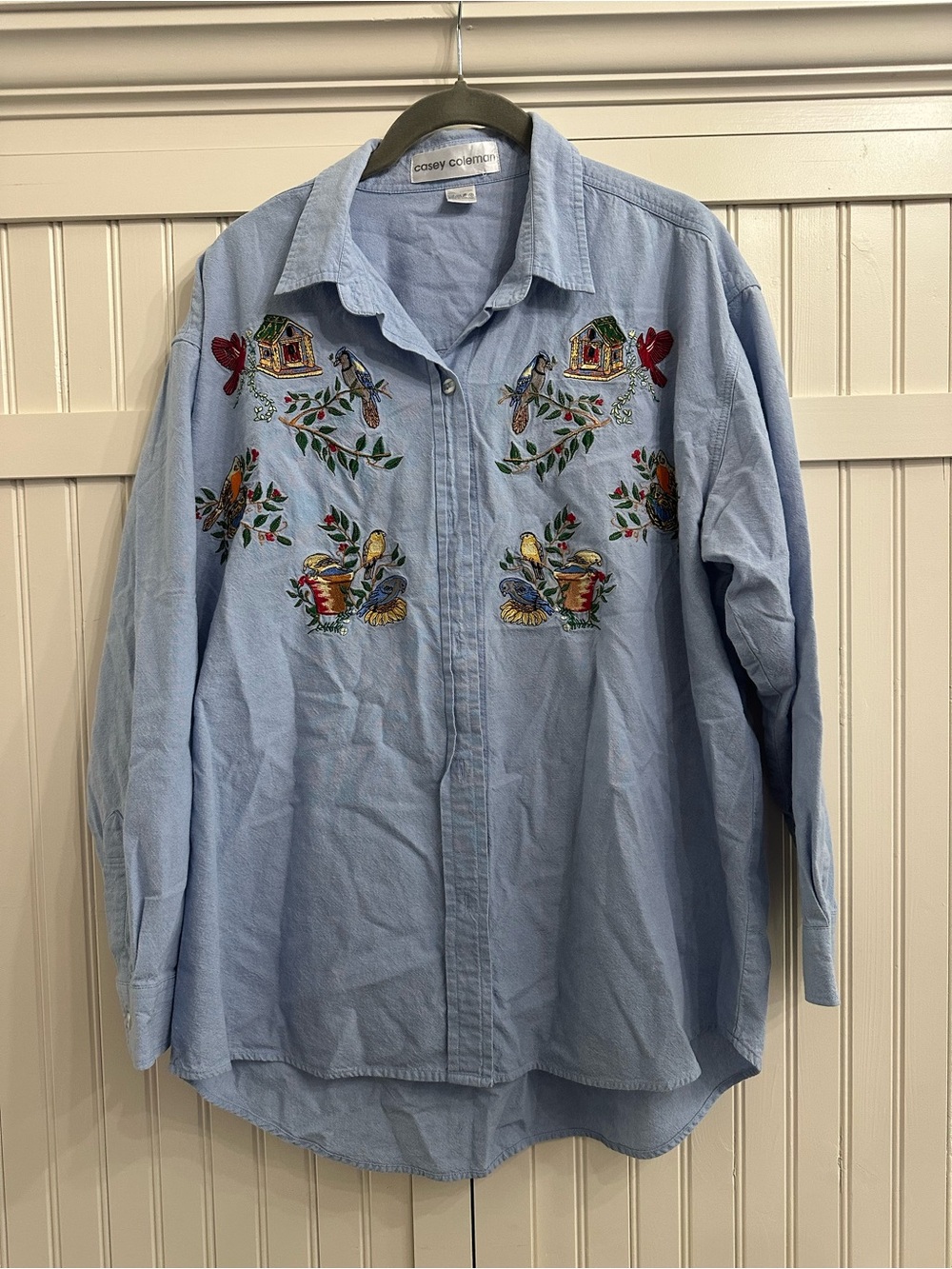 Casual Light Blue Button-Down Shirt with Embroidered Bird Motifs